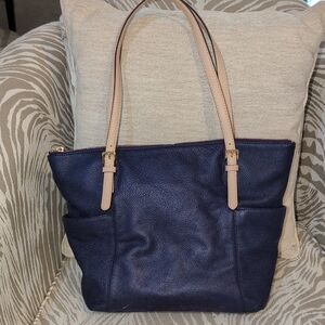 Michael Kors Purple Pebble Leather Tote With Light Tan Leather Straps